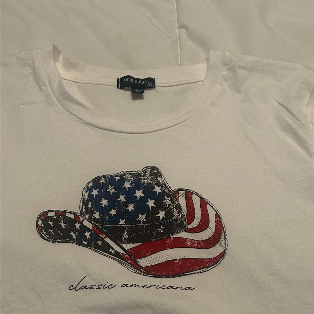 Originality Americana Flag Cowboy Hat Graphic Tee - White